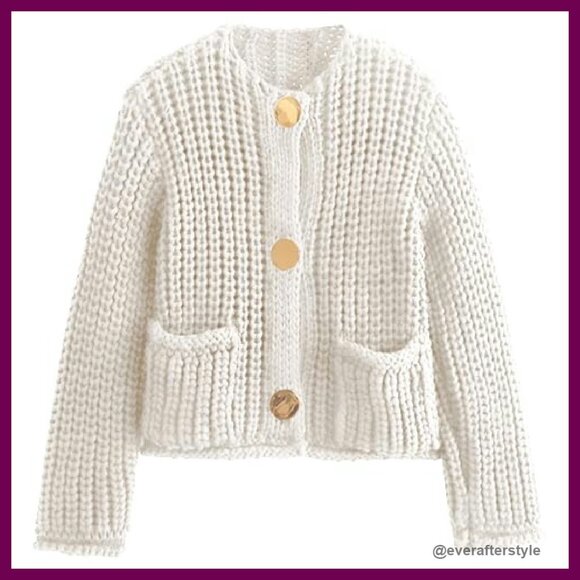 Chunky Knit Cropped Cardigan Button Down Open Front Sweater Y2K Chic - Picture 2 of 8